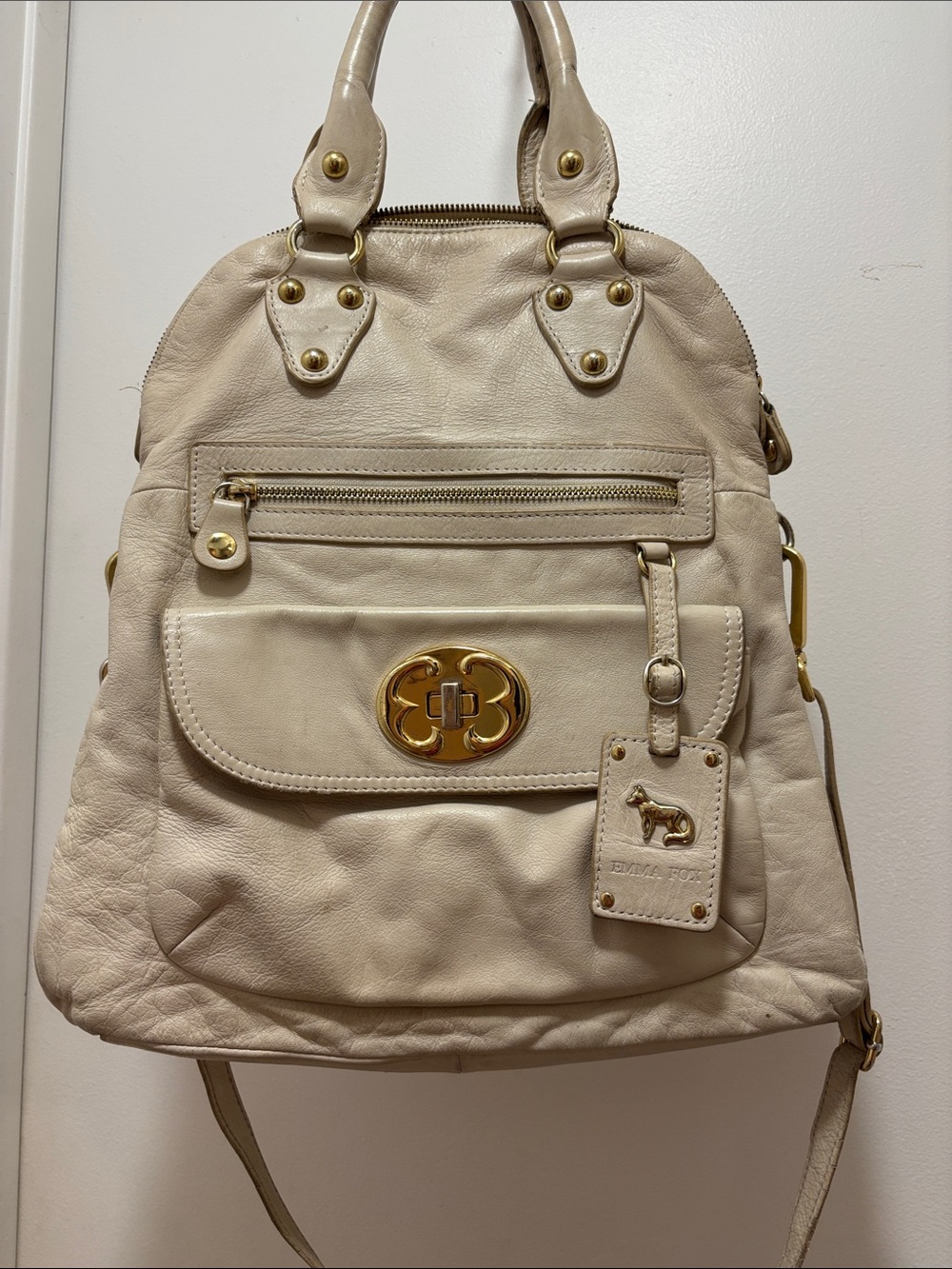 Emma Fox Cream Leather Satchel with Gold Accents